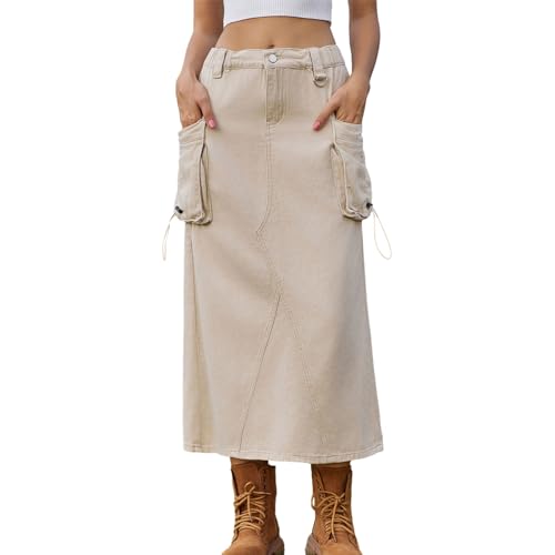 Damen Langer Frachtrock Low Rise Denim Midi Rock Modes Streetwear Back Bleistiftrock mit Taschen (Khaki, S) von Koitniecer