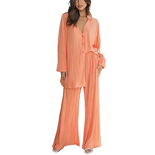 Koitniecer Damen 2 Stück Casual Outfits Plissee Langarm Button Down Shirt Hose mit Weitem Bein Y2k Streetwear Lounge Set (Light Orange, L) von Koitniecer