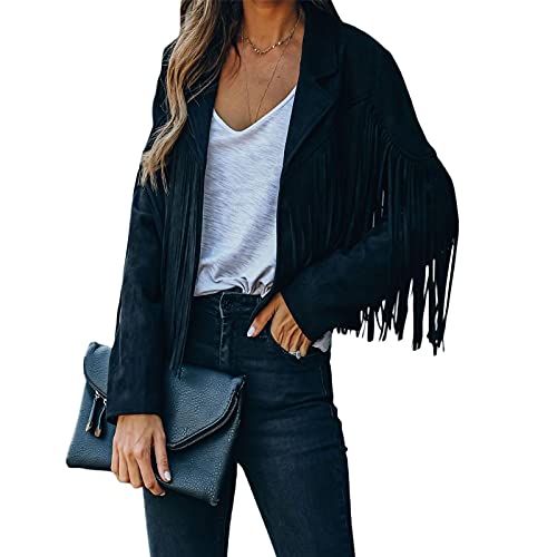 Koitniecer Damen Fransen Lederjacke Faux Wildleder Quaste Jacke Vintage Cropped Cardigan Moto Biker Kurzmantel Outwear (Black, X-Large) von Koitniecer