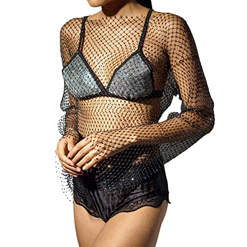 Koitniecer Damen Netzhemd Netz Langarm Oberteil Rundhals Durchsichtig Crop Top Sexy Clubwear Bluse (Schwarz-Shiny, Large) von Koitniecer