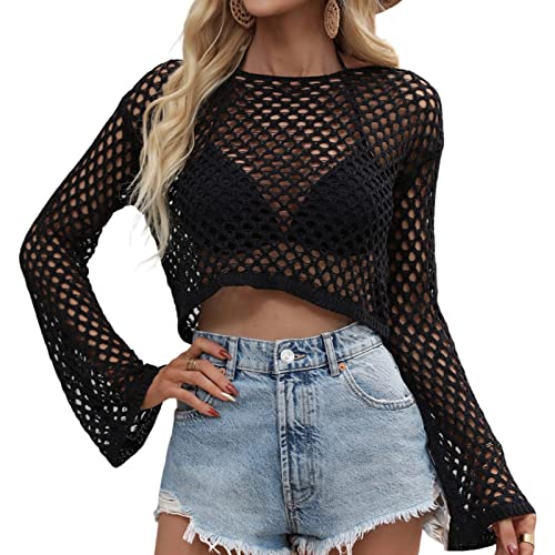 Koitniecer Damen Netzhemd Netz Langarm Oberteil Rundhals Durchsichtig Crop Top Sexy Clubwear Bluse (Schwarz häkeln, X-Large) von Koitniecer