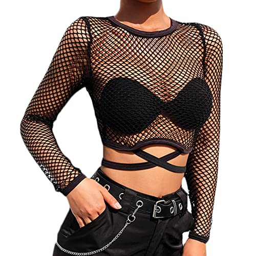 Koitniecer Damen Netzhemd Netz Langarm Oberteil Rundhals Durchsichtig Crop Top Sexy Clubwear Bluse (Strappy Schwarz, Large) von Koitniecer