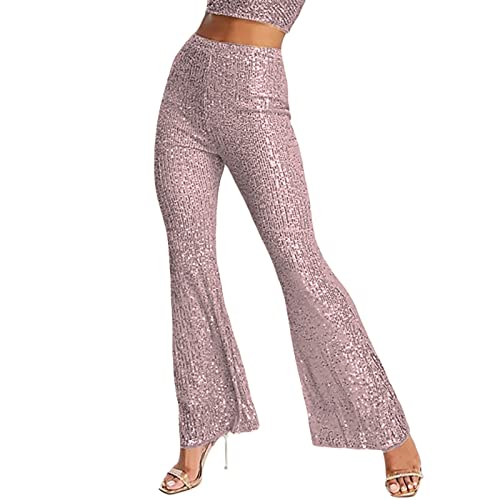 Koitniecer Damen Pailletten Hose Mode Hohe Taille Party Glitzer Hose Vintage Clubwear Lange Flared Freizeithose (Flared Rosa, L) von Koitniecer