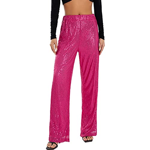 Koitniecer Damen Pailletten Hose Mode Hohe Taille Party Glitzer Hose Vintage Clubwear Lange Flared Freizeithose (Rosa, S) von Koitniecer