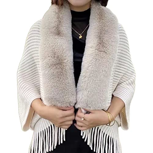 Damen Poncho Cape Winter Elegant Cardigan Kunstpelz Schal Wrap Strick Schal Cape Cardigan Warm Geschenk (Faux Fur-Beige, One Size) von Koitniecer