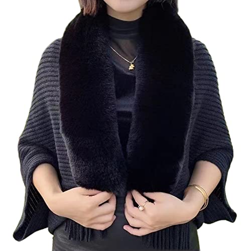 Damen Poncho Cape Winter Elegant Cardigan Kunstpelz Schal Wrap Strick Schal Cape Cardigan Warm Geschenk (Faux Fur-Schwarz, One Size) von Koitniecer