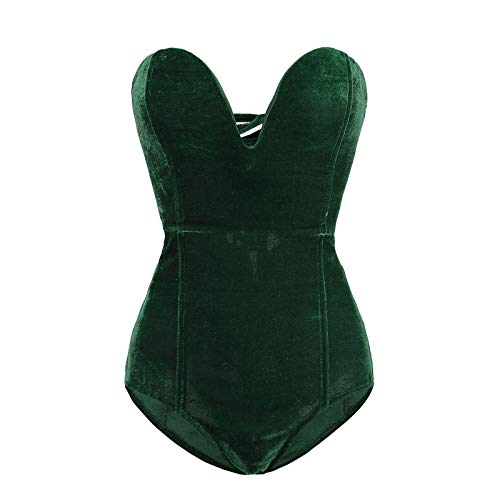 Koitniecer Frauen trägerloser Hals Bodysuit Sexy Rücken Schnür Bodysuit Samt Shapewear Bodycon Trikot Strampler Jumpsuit (Green, L) von Koitniecer