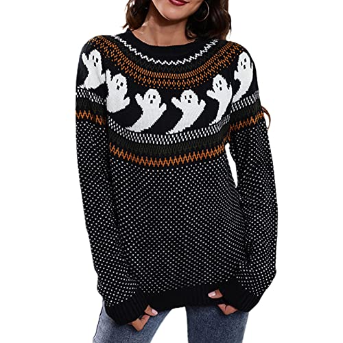 Koitniecer Halloween Pullover für Damen Netter Geistermuster Strickpullover Gotisch Langarm Kabel Strickpullover (Schwarz, M) von Koitniecer