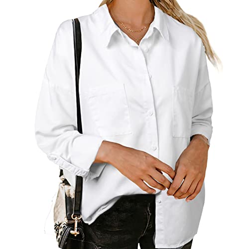 Koitniecer Jeanshemd Damen Langarm Button Down Jeansbluse Mode Frühling Herbst Leicht Jeansjacke mit Taschen (Weiß, S) von Koitniecer