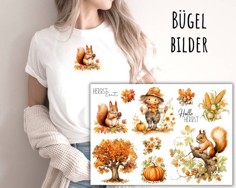 10 Bügelbilder Herbst, Eichhörnchen, Herbstbaum, Bunte Blätter, Kürbis, Niedliche Vogelscheuche, Zum Aufbügeln, Herbst Aufbügler von KokoHello