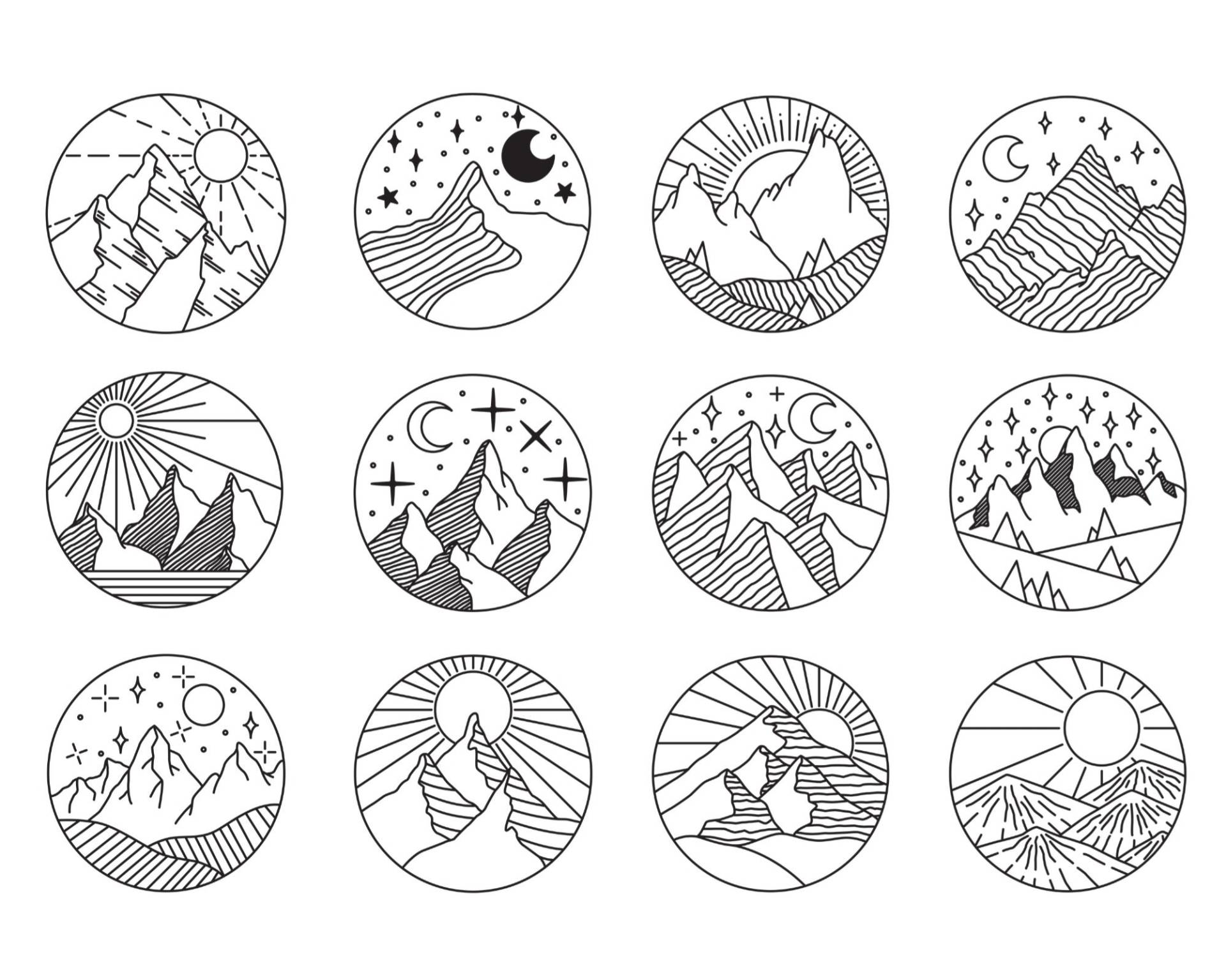 12 Bügelbilder, Berge, Bergmotive Zum Aufbügeln, Rundes Berg-Label, Natur, Wandern, Minimalistisch, Moderne Aufbügler, Sku 5.000.051 von KokoHello
