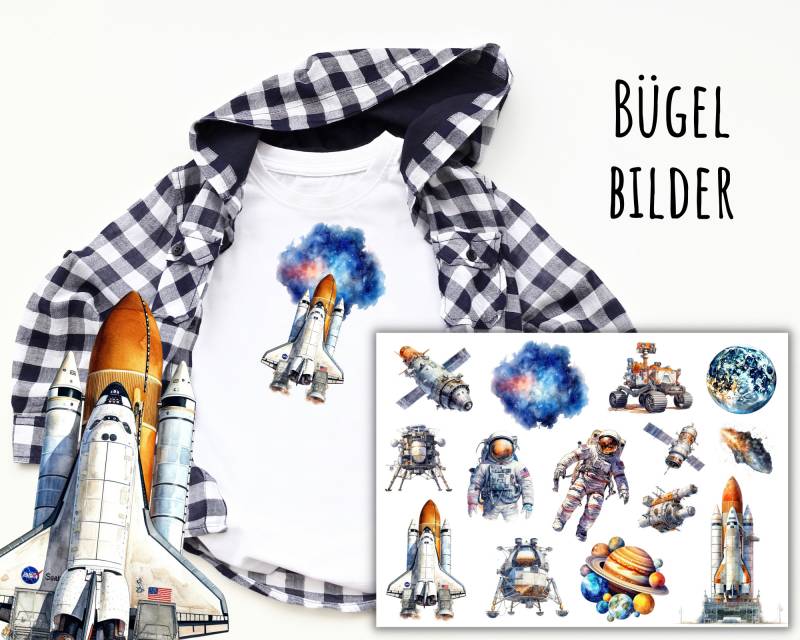 14 Bügelbilder Astronaut, Space Shuttle, Mondfahrzeug, Satellit Zum Aufbügeln, Weltraum Forscher, Planeten Aufbügler, Sku 5.000.066 von KokoHello