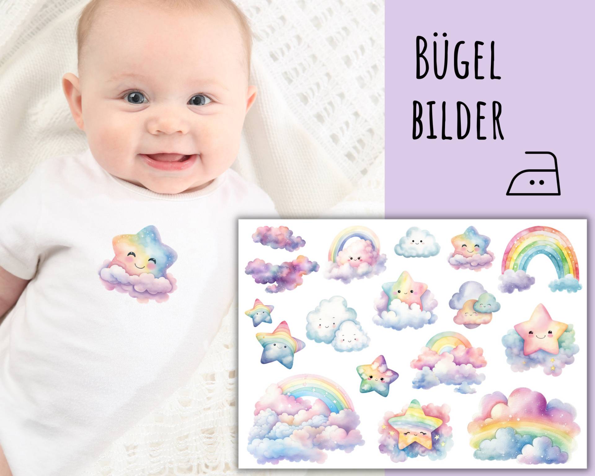16 Bügelbilder Niedliche Wolken, Sterne Und Regenbogen, Pastellfarben, Regenbogen Zum Aufbügeln, Sku 5.000.092 von KokoHello