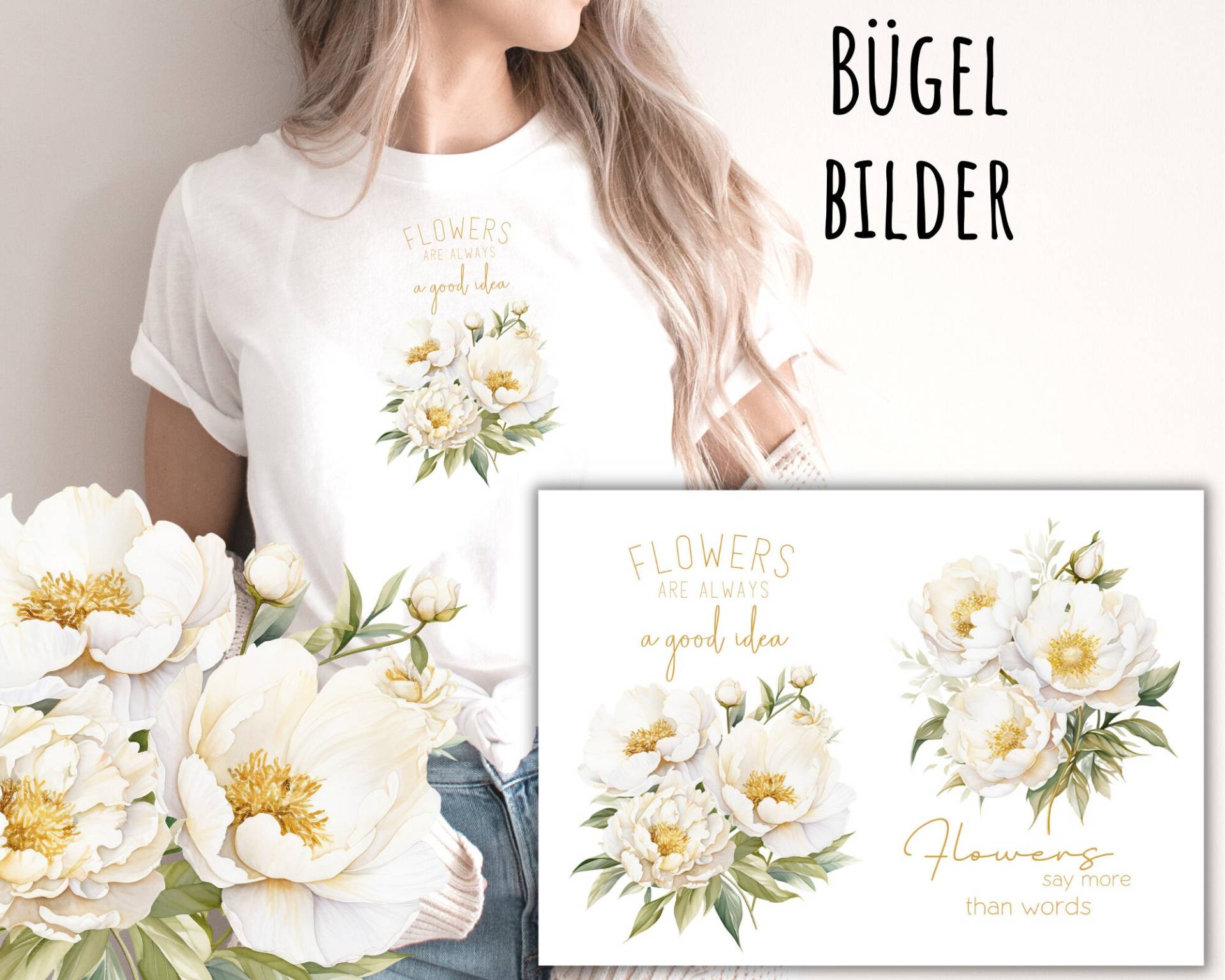 2 Bügelbilder Pfingstrose Mit Schrift, Blüten Zum Aufbügeln, Aquarell Blumen Weiße Aufbügler, Sku 5.000.116 von KokoHello