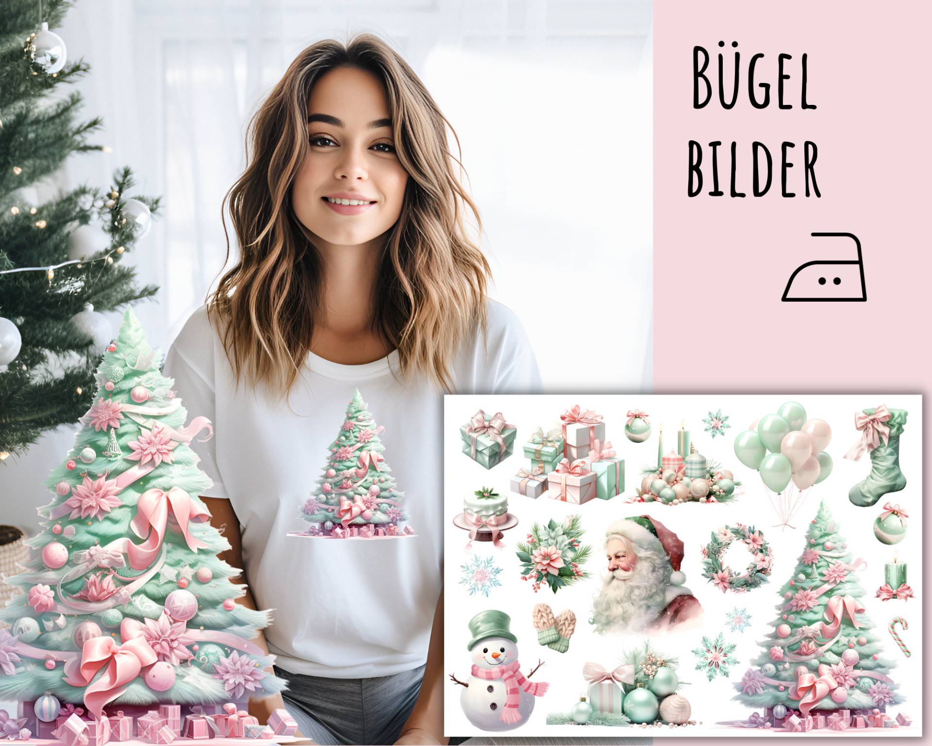 21 Bügelbilder, Pastell Weihnachten, Pastellfarbene Weihnachtsbilder Zum Aufbügeln, Adventskalender, Rosa, Mint, Sku 5.000.146 von KokoHello