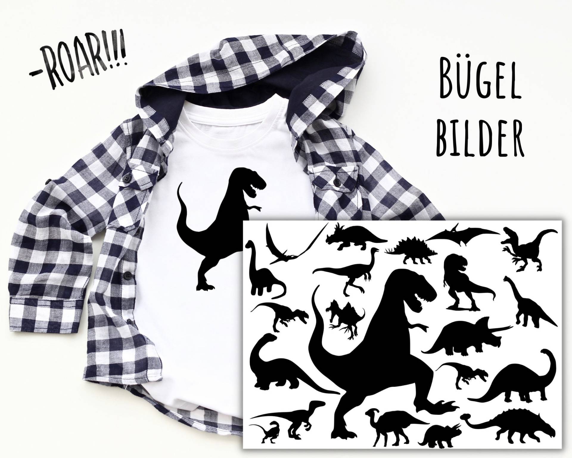 21 Bügelbilder Dinosaurier, Dino Zum Aufbügeln, T-Rex, Tyrannosaurus, Silhouette Saurier Aufbügler Für Kinder, Sku 5.000.144 von KokoHello