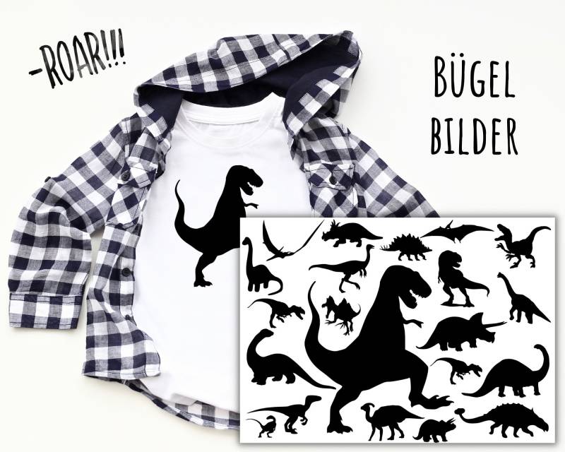 21 Bügelbilder Dinosaurier, Dino Zum Aufbügeln, T-Rex, Tyrannosaurus, Silhouette Saurier Aufbügler Für Kinder, Sku 5.000.144 von KokoHello