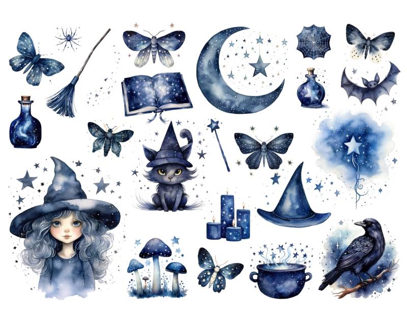 23 Bügelbilder Kleine Hexe, Niedliche Hexe Mit Besen, Hexenkessel, Schwarze Katze, Nachtfalter, Zauberstab Aufbügler, Sku 5.000.152 von KokoHello