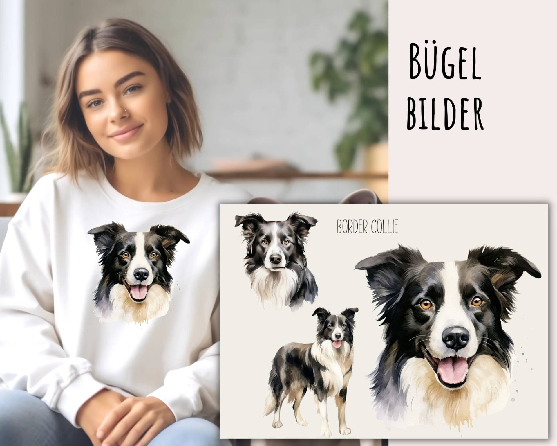 3 Bügelbilder Border Collie, Collie Zum Aufbügeln, Hunderasse Collie-Portrait Aufbügler, Hund, Sku 5.000.168 von KokoHello
