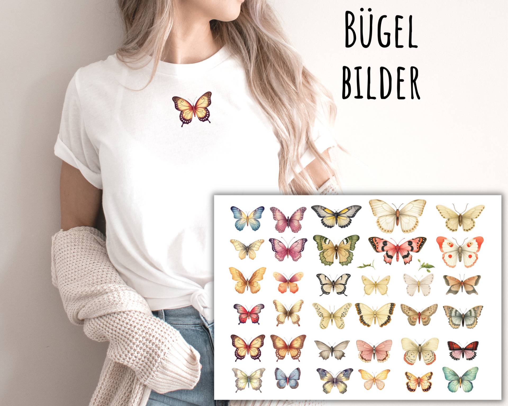 34 Bügelbilder Aquarell Schmetterlinge Und Blätter, Schmetterling Zum Aufbügeln, Bunte Beige, Sku 5.000.185 von KokoHello