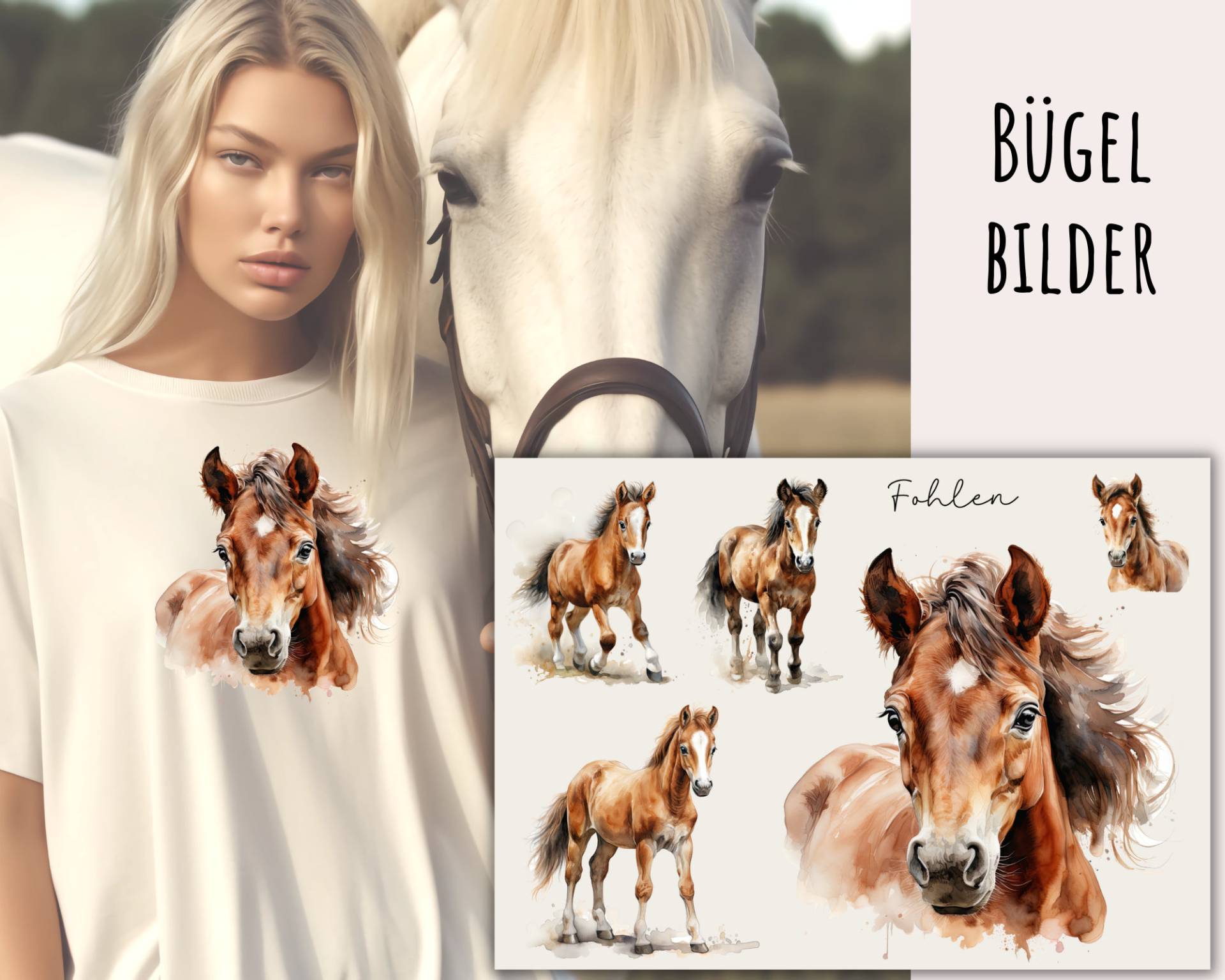 5 Bügelbilder Aquarell Pferd, Fohlen, Wunderschöne Pferde-Portraits Zum Aufbügeln, Pferde Aufbügler, Pferde-Aquarell, Sku 5.000.205 von KokoHello