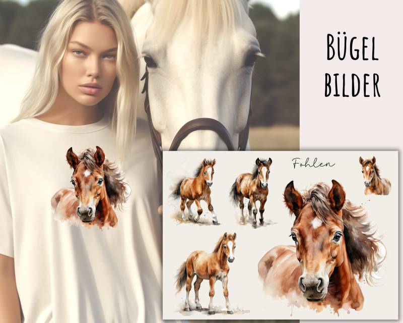 5 Bügelbilder Aquarell Pferd, Fohlen, Wunderschöne Pferde-Portraits Zum Aufbügeln, Pferde Aufbügler, Pferde-Aquarell, Sku 5.000.205 von KokoHello