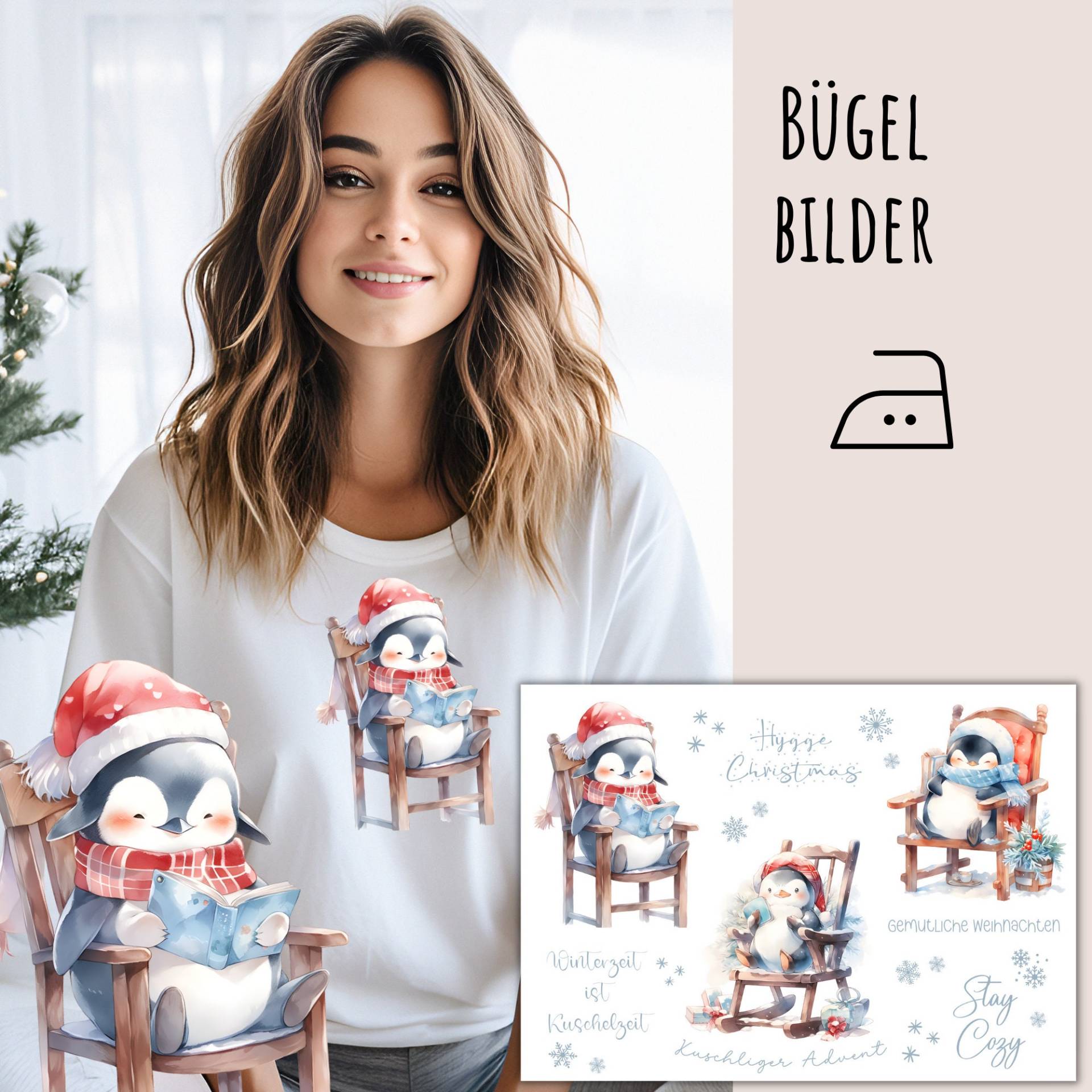 6 Bügelbilder, Gemütliche Weihnachten, Weihnachtsbilder Zum Aufbügeln, Niedlicher Pinguin Im Schaukelstuhl Liest Ein Buch, Sku 5.000.239 von KokoHello