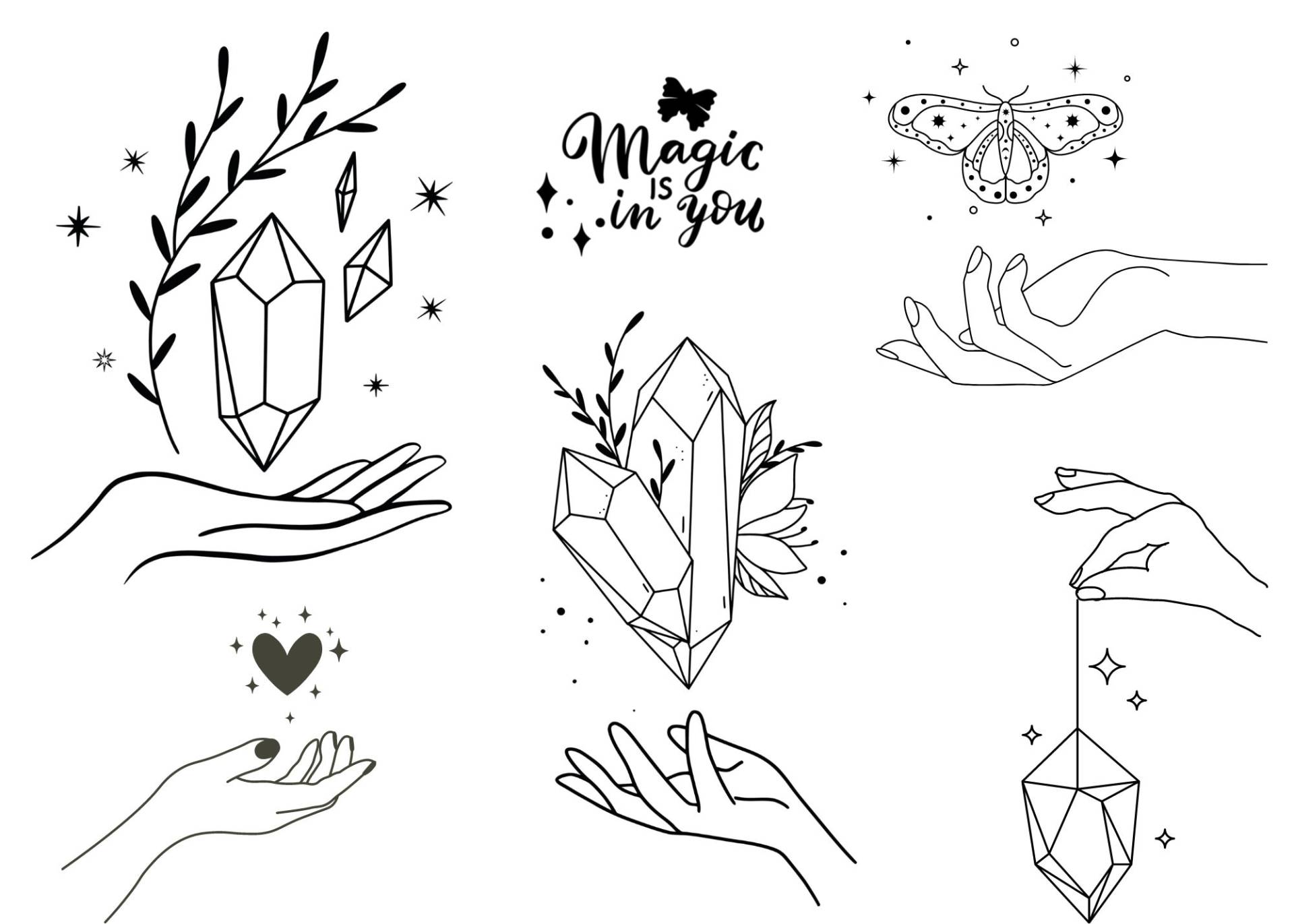 6 Bügelbilder, Magie Zum Aufbügeln, Ist in Dir, Boho, Bügel-Transfer, Modern, Kristall, Mond, Himmlisch, Nachtfalter, Sku 5.000.240 von KokoHello