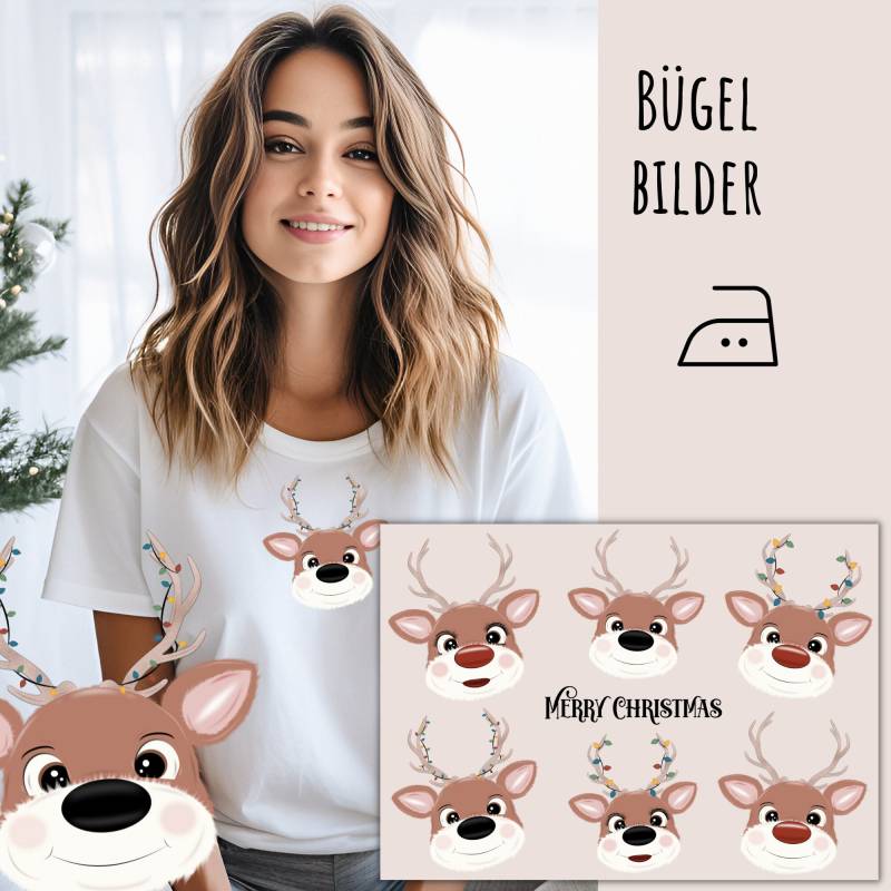 6 Bügelbilder Niedliche Rentiere, Rentier Zum Aufbügeln Weihnachten, Weihnachtsbilder Aufbügeln, Adventskalender, Sku 5.000.236 von KokoHello