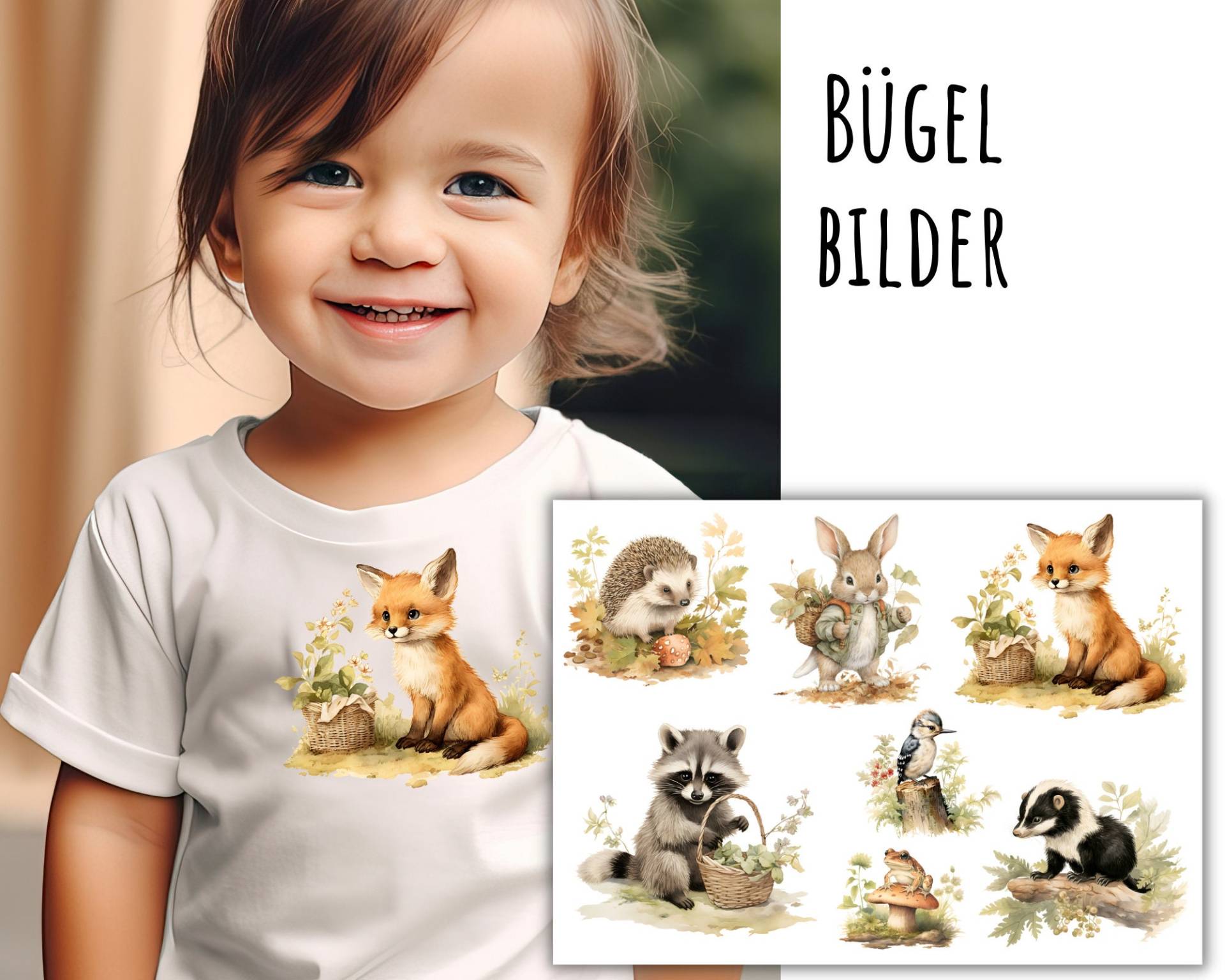 7 Bügelbilder Junge Waldtiere, Niedliche Jungtiere Im Wald, Tier Aufbügler, Aquarell Tierjunge, Waschbär, Igel, Fuchs, Hase, Sku 5.000.246 von KokoHello