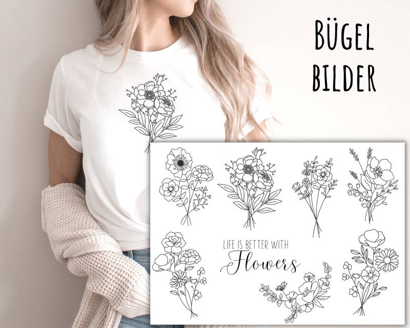 8 Bügelbilder, Wildblumen, Schöner Blumenstrauß Zum Aufbügeln, Blumen, Blüten, Romantisch, Minimalistisch, Modern Aufbügler von KokoHello