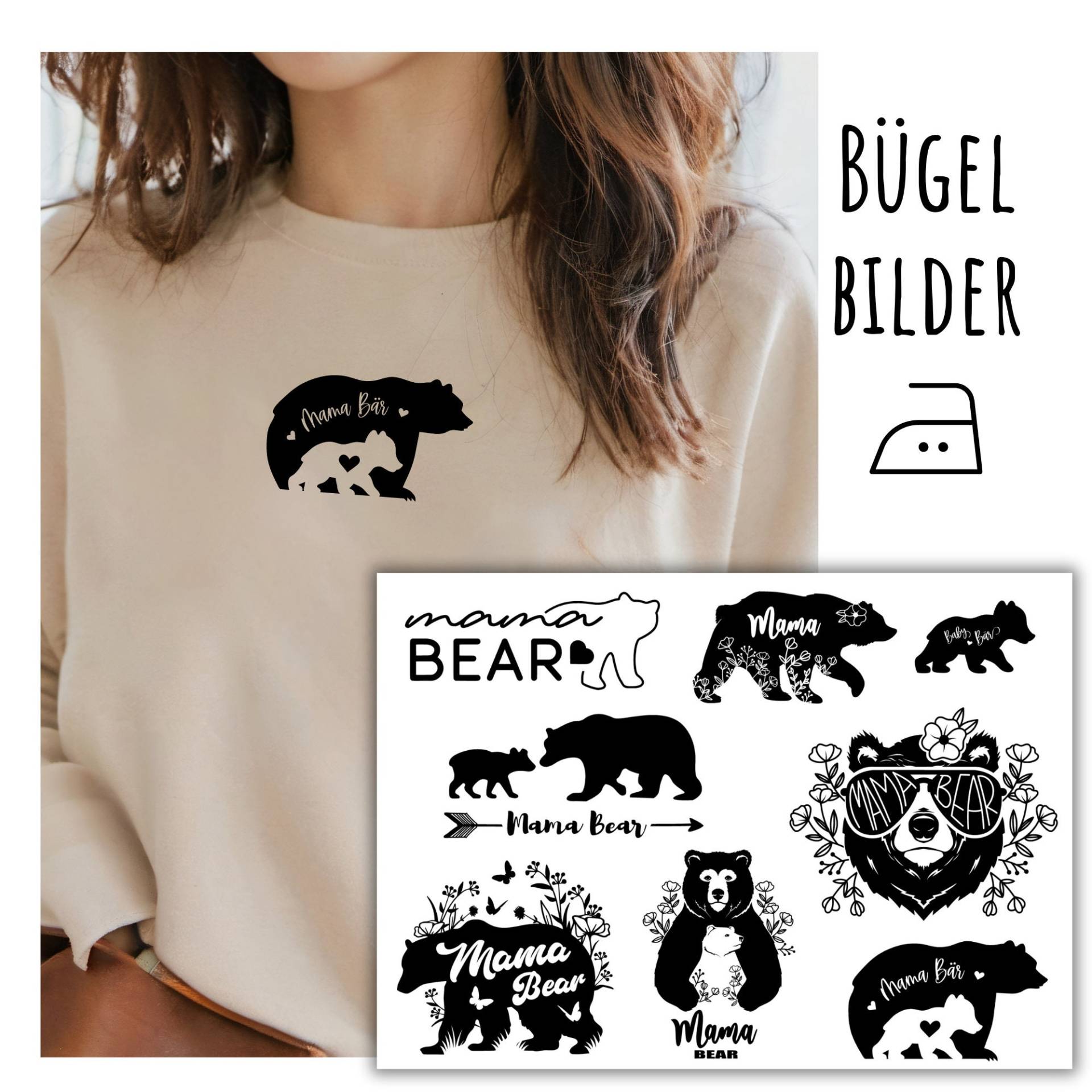 8 Bügelbilder Mama Bär, Bügelbild Zum Muttertag, Mamabär Aufbügeln, Weiß, Schwarz, Sku 5.000.256 von KokoHello