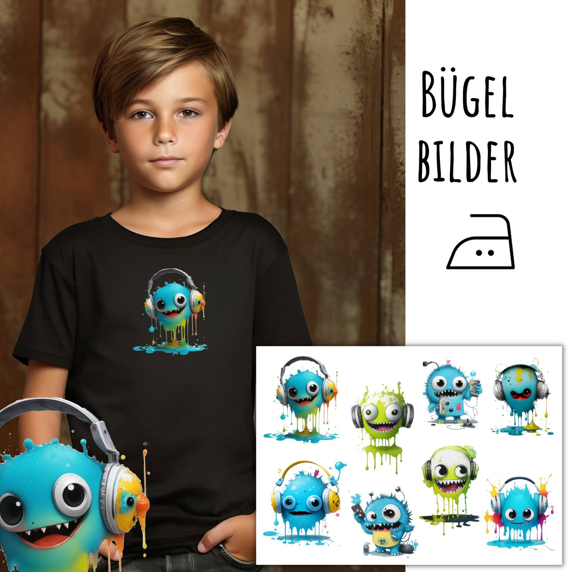 8 Bügelbilder Monster Mit Kopfhörer, Lustige Zum Aufbügeln, Grün Blaue Monster, Aufbügler, Dj Sku 5.000.257 von KokoHello