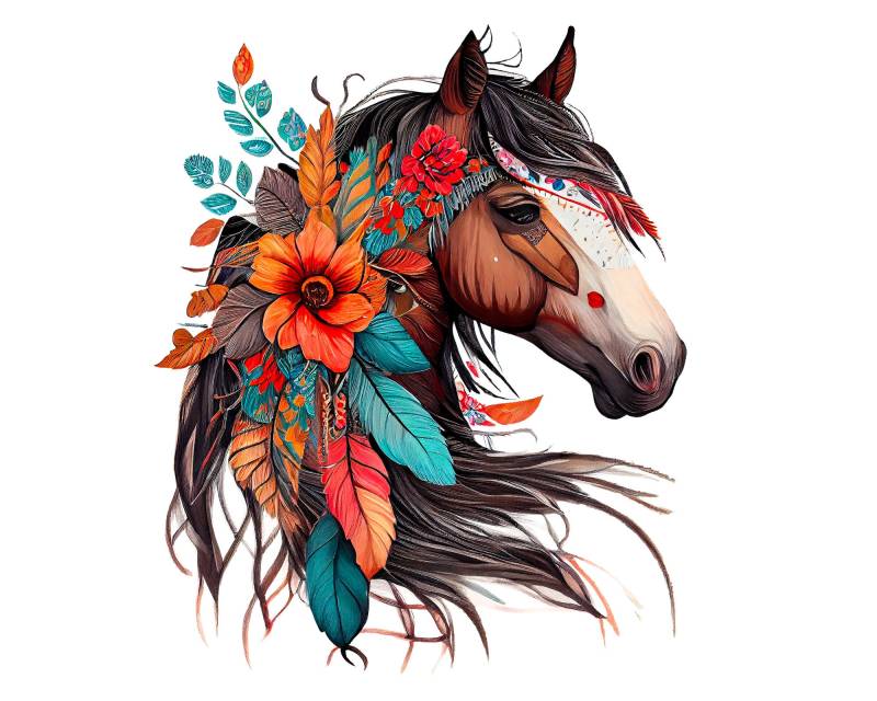 Bügelbild Boho Pferd, Wunderschönes Pferde-Portrait Zum Aufbügeln Mit Floralen Akzenten, Pferde Aufbügler, Pferde-Aquarell, Sku 5.000.288 von KokoHello