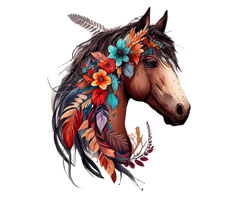 Bügelbild Boho Pferd, Wunderschönes Pferde-Portrait Zum Aufbügeln Mit Floralen Akzenten, Pferde Aufbügler, Pferde-Aquarell, Sku 5.000.290 von KokoHello