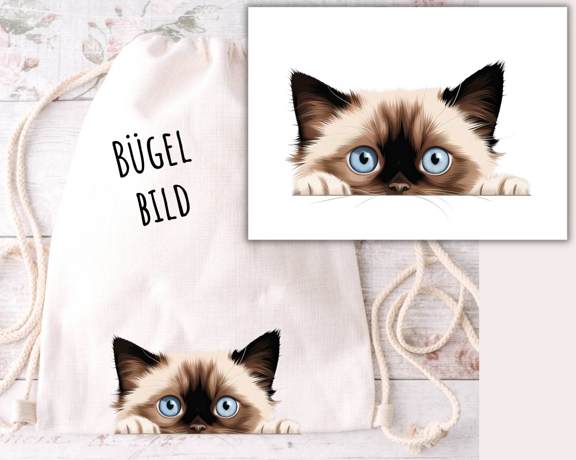 Bügelbild Neugierige Katze, Birma-Katze, Aufbügler Für Katzen-Mamas Und Papas, Katze Guckt Über Tischkante Mit Pfötchen, Sku 5.000.408 von KokoHello