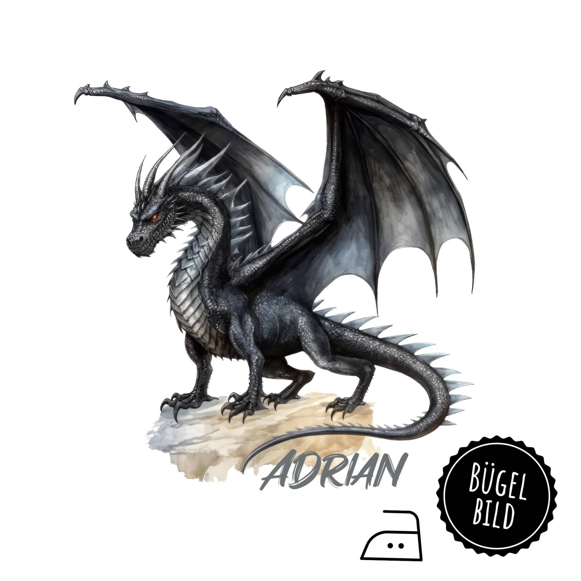 Bügelbild Schwarzer Drache Für Schultüte Oder Geburtstag, Zum Aufbügeln, Mit Namen von KokoHello