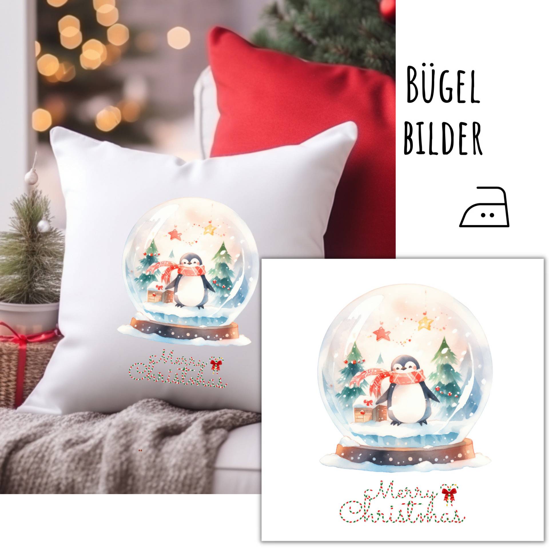 Bügelbild Weihnachten, Weihnachtsbild Zum Aufbügeln, Schneekugel Mit Niedlicher Pinguin, Sku 5.000.462 von KokoHello
