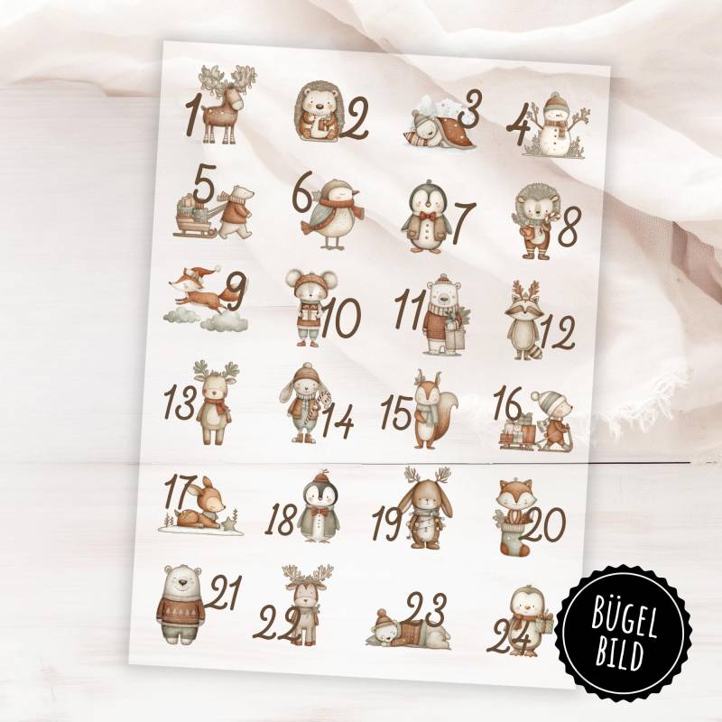Bügelbilder Adventskalenderzahlen Mit Niedlichen Tieren in Beige, Adventskalender Zahlen Zum Aufbügeln von KokoHello