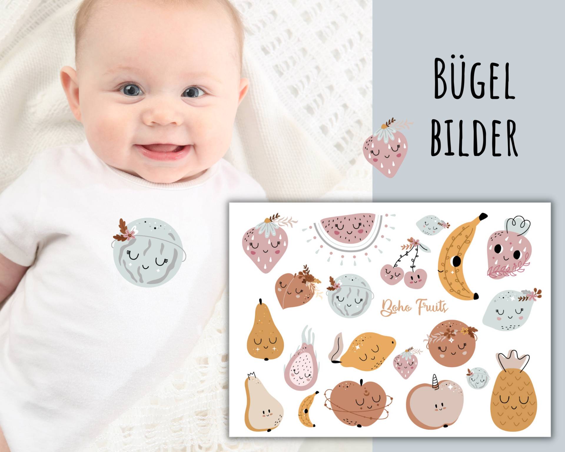 Bügelbilder Boho Früchte, Niedliches Obst Zum Aufbügeln, Apfel, Banane, Melone, Zitrone, Erdbeere, Sku 5.000.506 von KokoHello