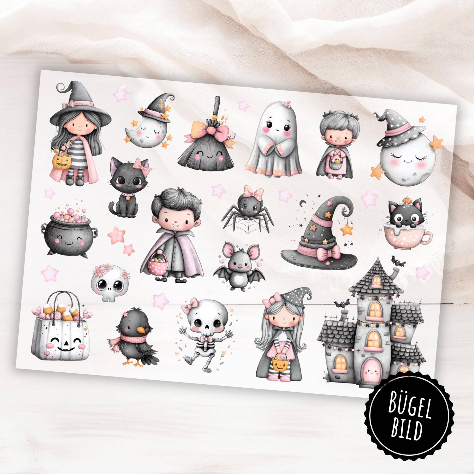 Bügelbilder Niedliche Halloween Motive, Hexe, Geister, Skelett, Schwarze Katze Und Hexen Hut Aufbügler von KokoHello