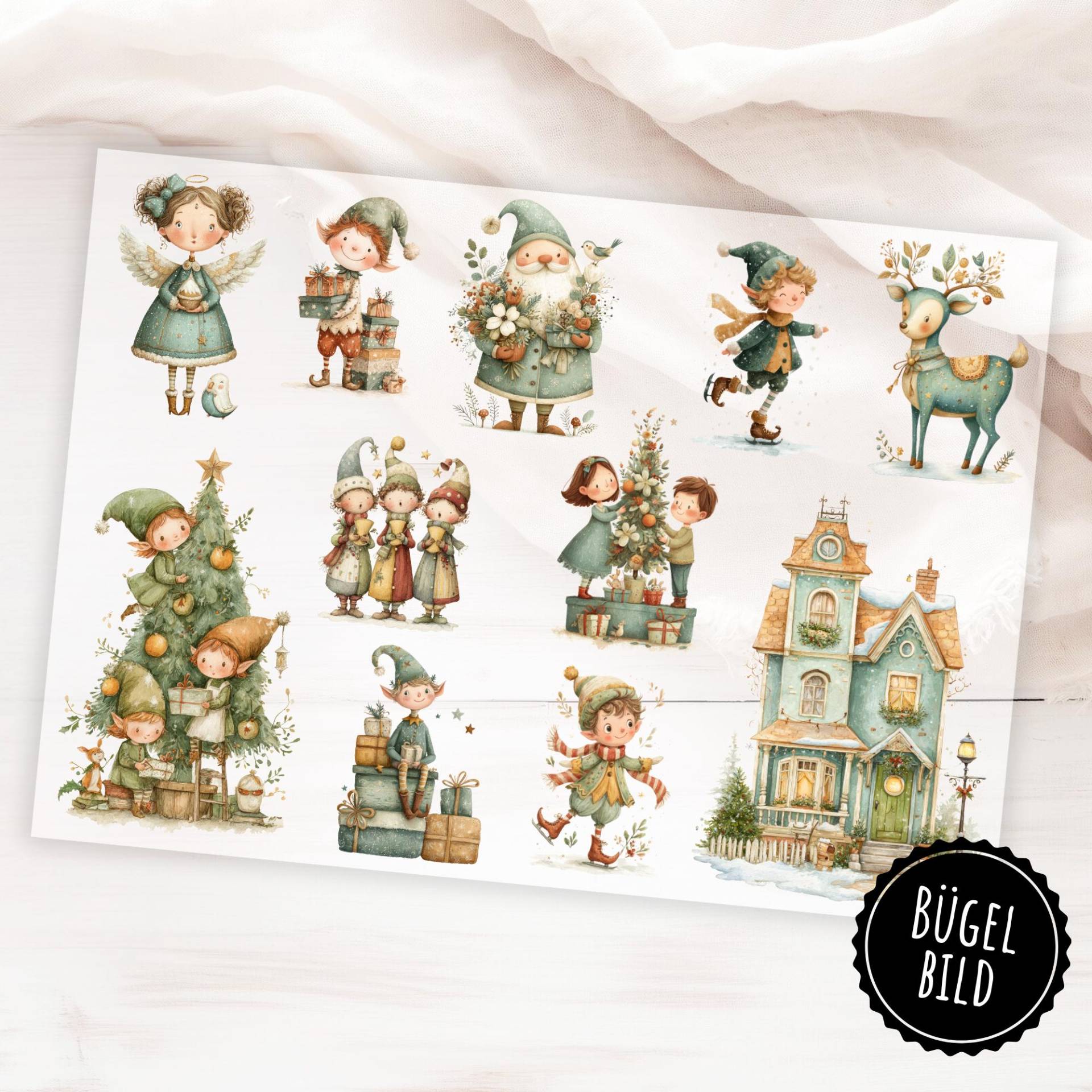 Weihnachten Bügelbilderbogen - Niedliche Weihnachtswichtel, Elfen, Reh, Winterhaus Aufbügler Für Kleidung & Deko von KokoHello