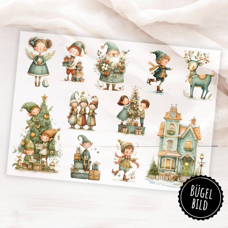 Weihnachten Bügelbilderbogen - Niedliche Weihnachtswichtel, Elfen, Reh, Winterhaus Aufbügler Für Kleidung & Deko von KokoHello