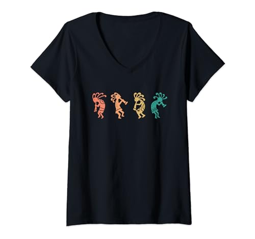 Damen Dancing Kokopelli Southwestern USA Indianer-Symbol T-Shirt mit V-Ausschnitt Damen Dancing Kokopelli Southwestern USA Indianer-Symbol T-Shirt mit V-Ausschnitt von Kokopelli Colorful Dancers