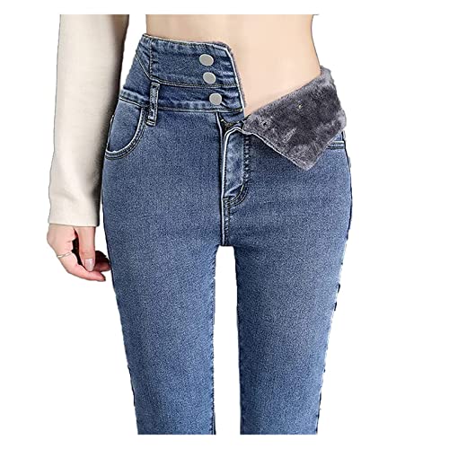 Kolarmo Damen Winter Warme Hosen Jeans für Frauen High Waist Fleece Gefüttert Winterhose Warm High Waist Slim Fit Leggings, blau, M Schlank von Kolarmo