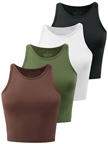 Kole Meego Crop Tops für Damen Workout Cropped Tank Top High Neck Camisole Yoga Shirts Athletic Unterhemden 4 Stück, Schwarz/Weiß/Kaffee/Oliv, Mittel von Kole Meego