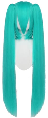 Kolegrial Anime Miku Cosplay Perücken Damen 95CM Lange Doppelter Pferdeschwanz Clip Pony Kostümperücke Verkleidung Virtual Singer Miku Halloween Karneval Party Maskenball Kostüm Zubehör Wig von Kolegrial