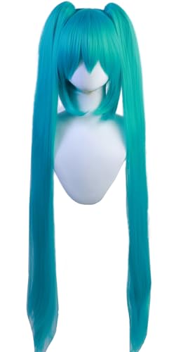 Kolegrial Anime Miku Cosplay Perücken Damen Lange Doppelter Pferdeschwanz Clip Pony Kostümperücke Verkleidung Virtual Singer Miku Halloween Karneval Party Maskenball Kostüm Zubehör Wig von Kolegrial