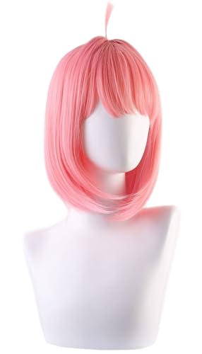 Kolegrial Anya Forger Cosplay Perücken Damen Rosa 35CM Kurz Schulterlang Pony Kostümperücke Verkleidung Anime Spy Family Anya Forger Halloween Karneval Party Geburtstag Maskenball Zubehör Bob Wig von Kolegrial