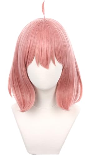 Kolegrial Anya Forger Cosplay Perücken Damen Rosa Kurz Schulterlang Pony Kostümperücke Verkleidung Anime Spy Family Anya Forger Halloween Karneval Party Geburtstag Maskenball Zubehör Bob Wig von Kolegrial